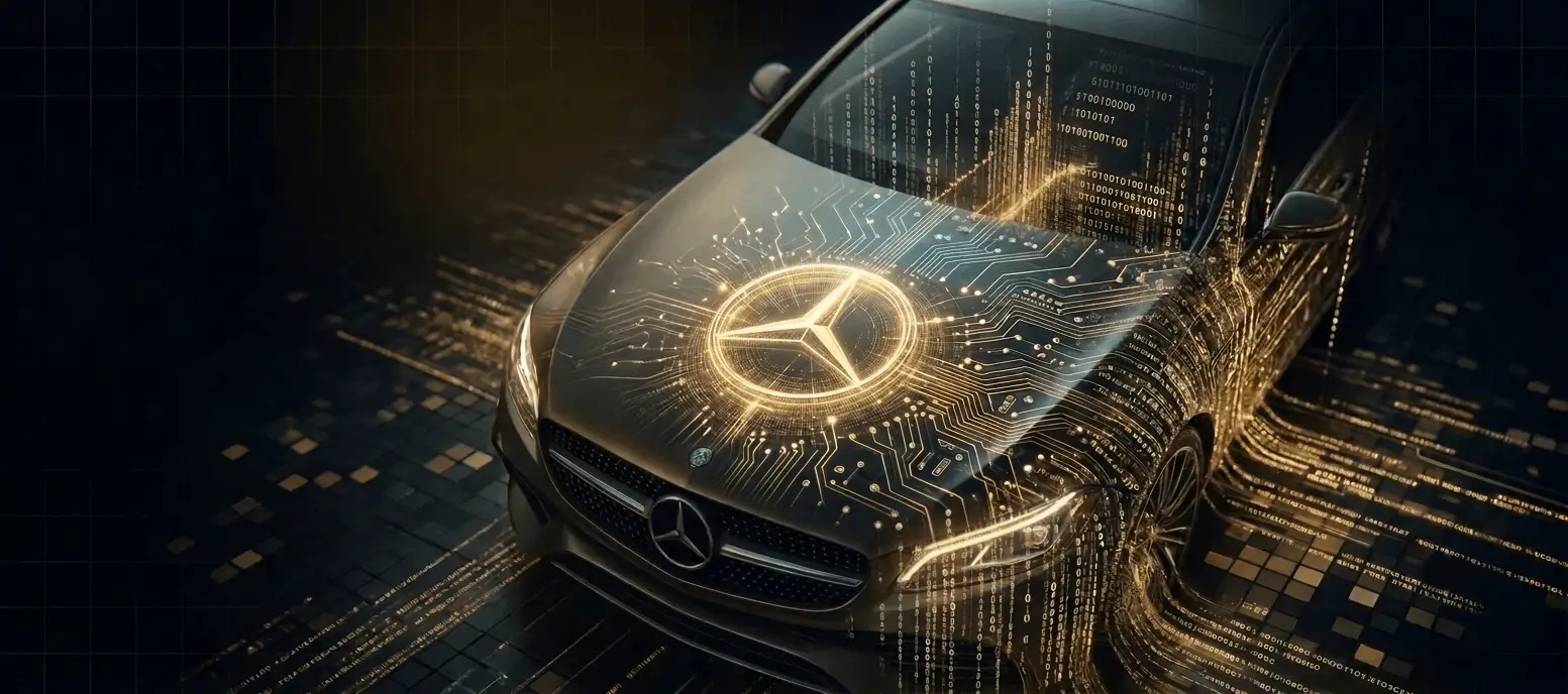 Mercedes-Benz stilizzata con circuiti e codice binario, simbolo delle codifiche sulle centraline