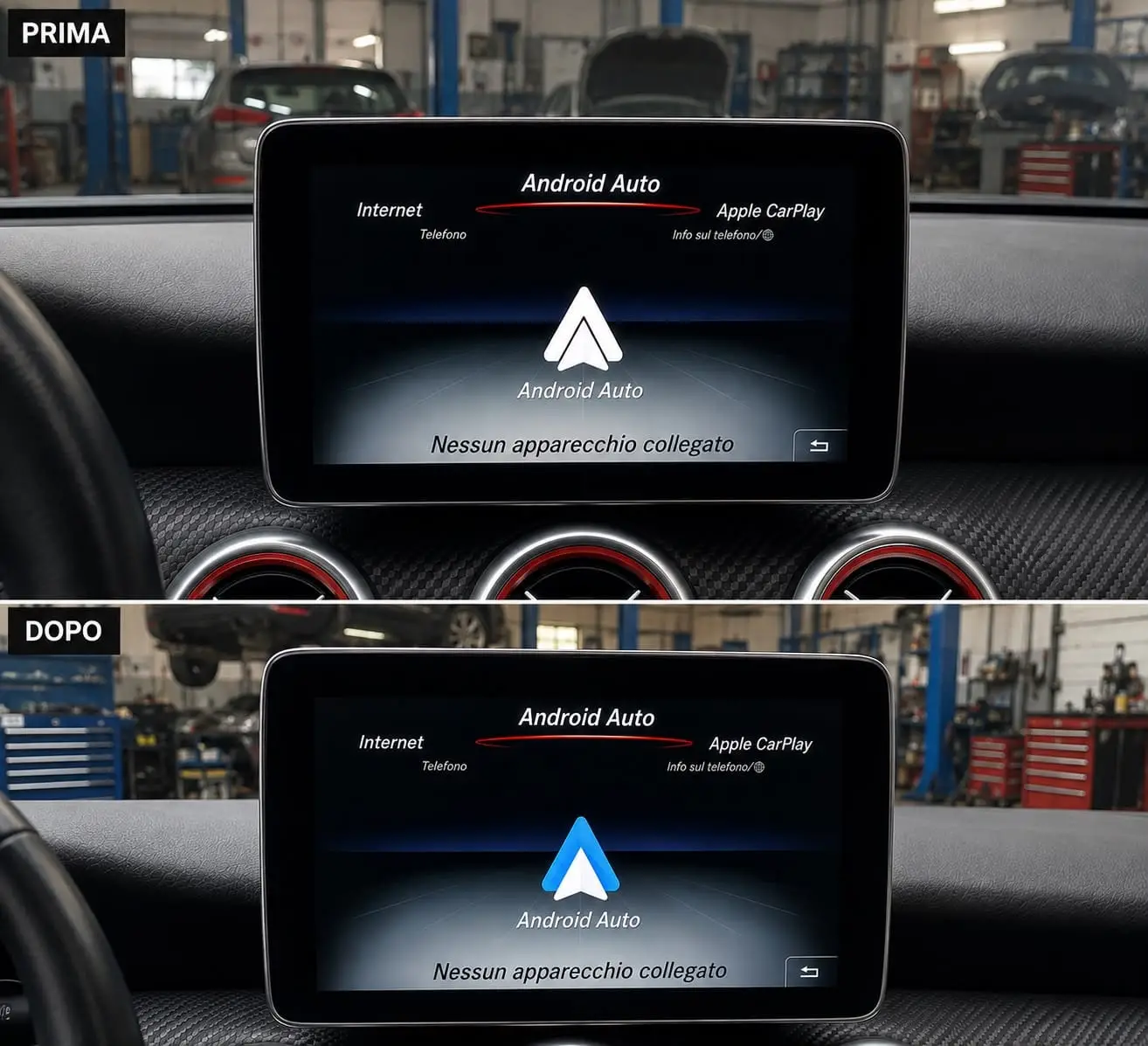 Display Mercedes-Benz a confronto: prima il simbolo di Android Auto è tutto bianco, dopo l'intervento è bianco e azzurro