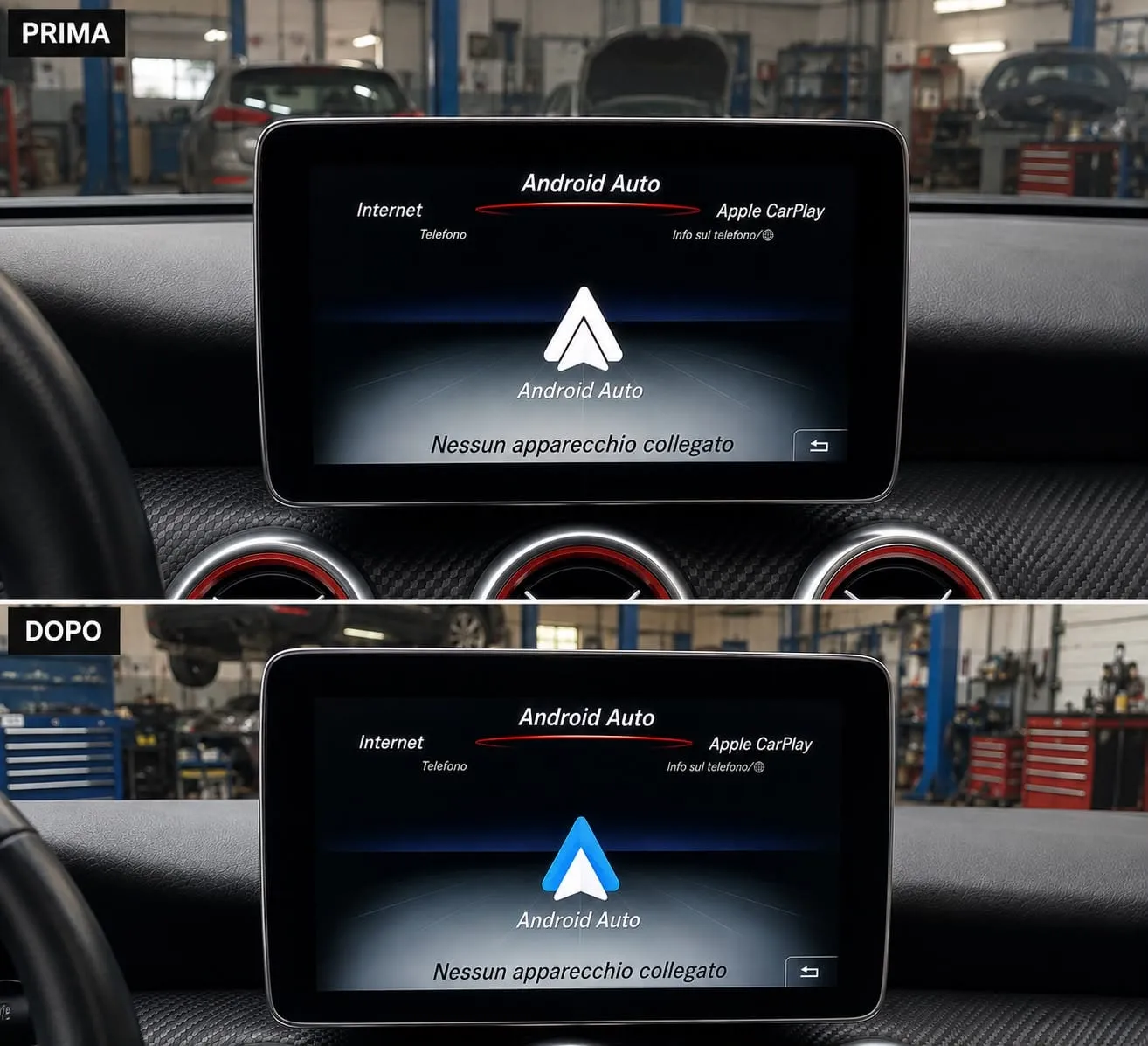 Display Mercedes-Benz a confronto: prima il simbolo di Android Auto è tutto bianco, dopo la codifica è bianco e azzurro