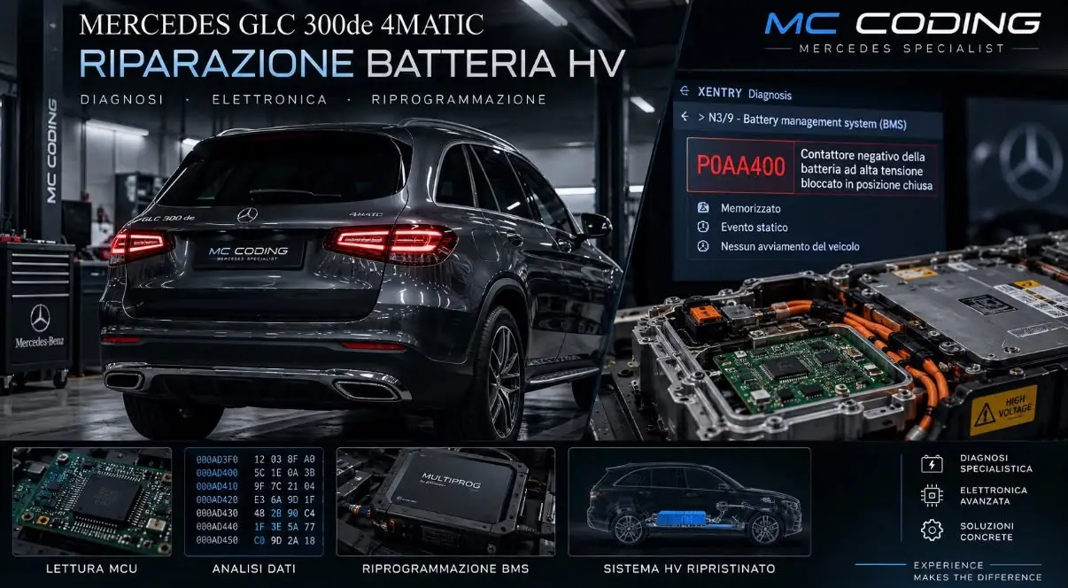Mercedes GLC 300de 4MATIC in officina MC Coding con errore P0AA400 su Xentry e batteria HV con BMS aperto per la riprogrammazione con MultiProg