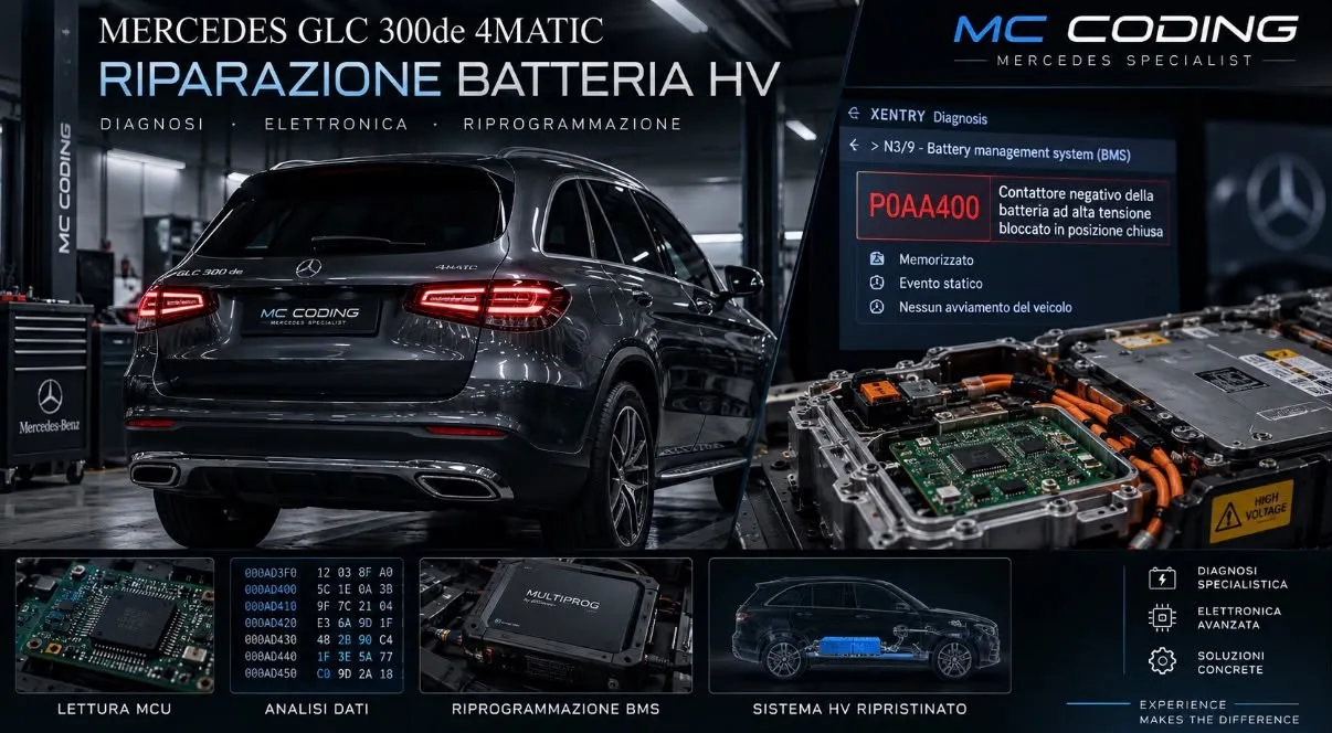 Mercedes GLC 300de 4MATIC in officina MC Coding: su Xentry il codice P0AA400 nel modulo N3/9 Battery management system (BMS), contattore negativo della batteria ad alta tensione bloccato in posizione chiusa, evento statico memorizzato. Accanto, la lettura della MCU, l'analisi dei dati, la riprogrammazione del BMS con MultiProg e il sistema HV ripristinato
