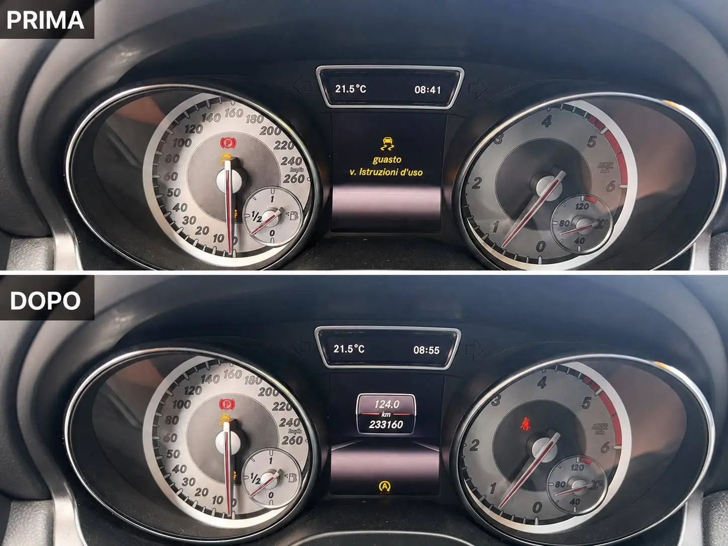 Quadro strumenti Mercedes-Benz prima e dopo la riparazione del sensore angolo sterzo: il messaggio di guasto scompare